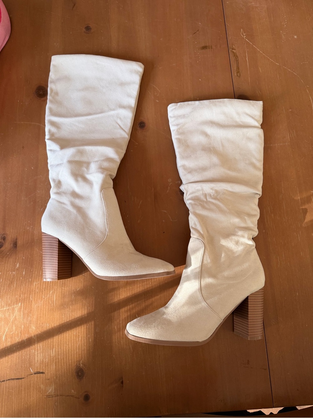 Amazon Cream Slouchy Mid-Calf Block Heel Boots